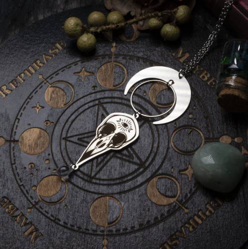 collier pendentif crâne de corbeau en acier inoxydable