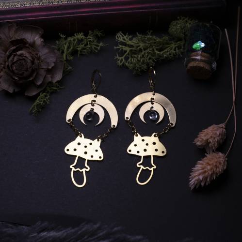 boucles d'oreilles champignon  et chat en laiton