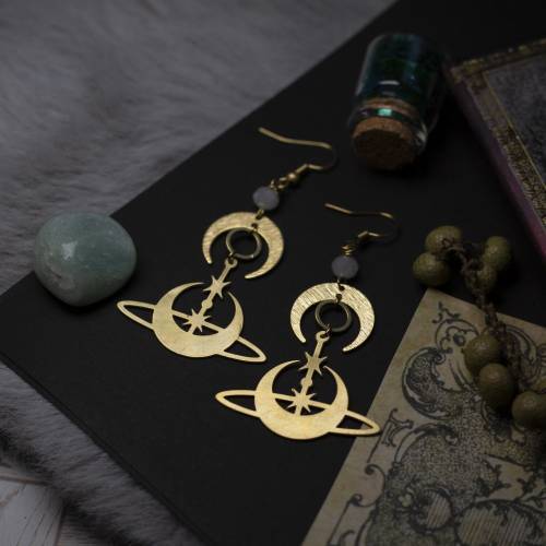 boucles d'oreilles lune - étoile géométrique  - Celeste  en laiton