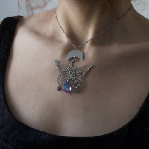 collier pendentif ras de cou papillon féerique en acier inoxydable