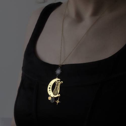 collier pendentif chat noir en laiton