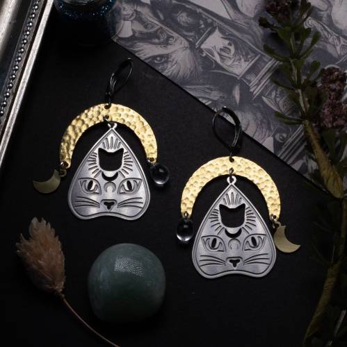 boucles d'oreilles  ouija chat  acier inoxydable et laiton