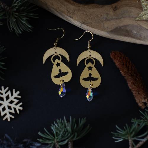 boucles d'oreilles ouija et  corbeau en laiton