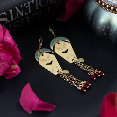 boucles d’oreilles cercueil - vampire et chauve souris en laiton