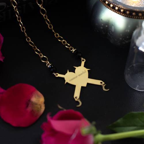 collier grosse chaine coeur et épée gravé : amour mortel - style rock - gothique