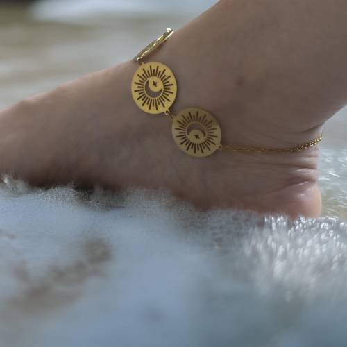 Marche-ciel Bracelet de cheville soleil & lune en laiton doré