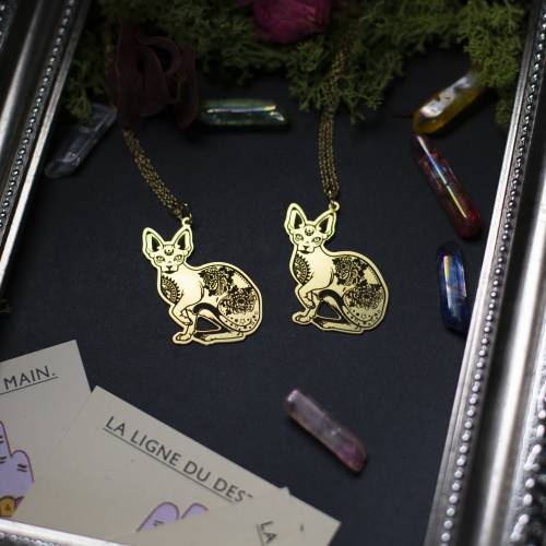 collier pendentif chat - sphynx  en laiton