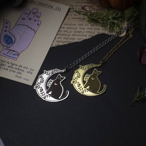 collier pendentif chat noir en acier inoxydable